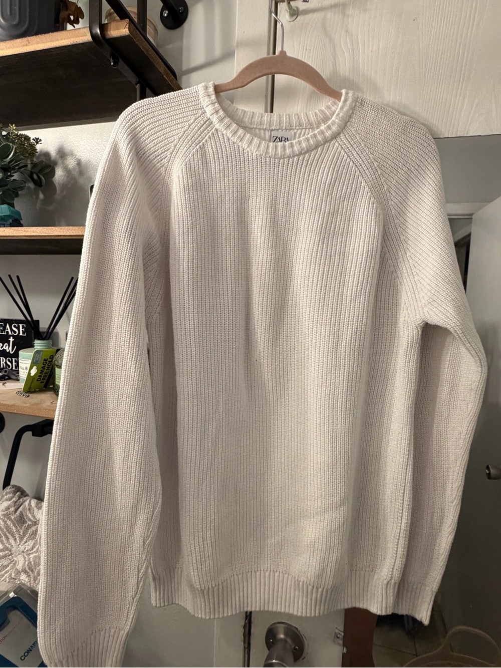 Zara Men's Cotton Off-White Ribbed Crewneck Sweater